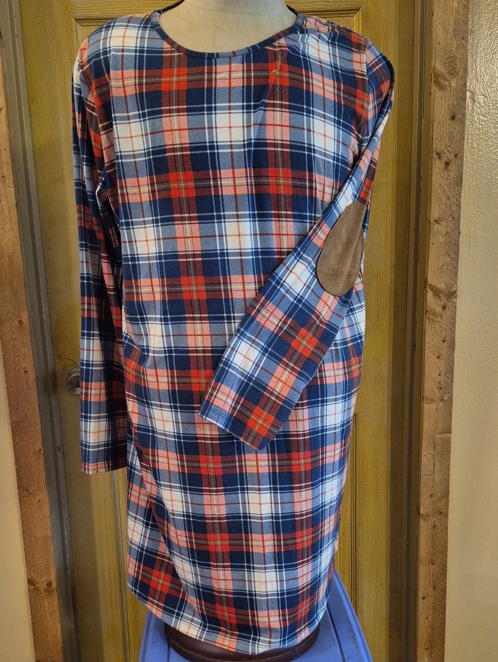 Grace & Emma Pullover Midi Dress Plaid Size Xl  Suede Elbow Patch Lightweight